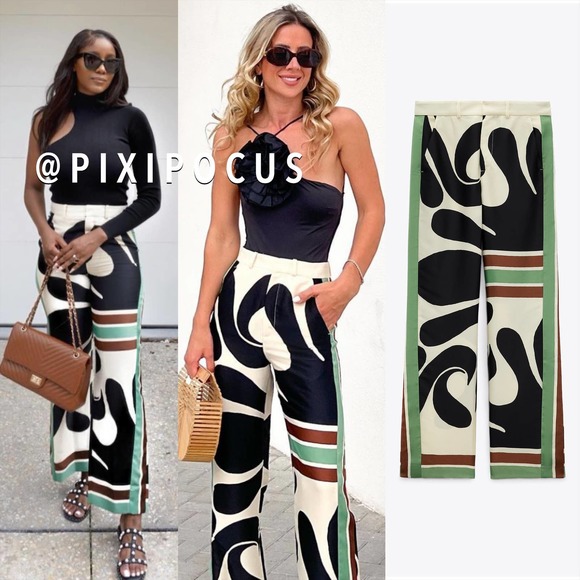 Zara Pants & Jumpsuits Zara Printed Wide Leg Satin Pants Green